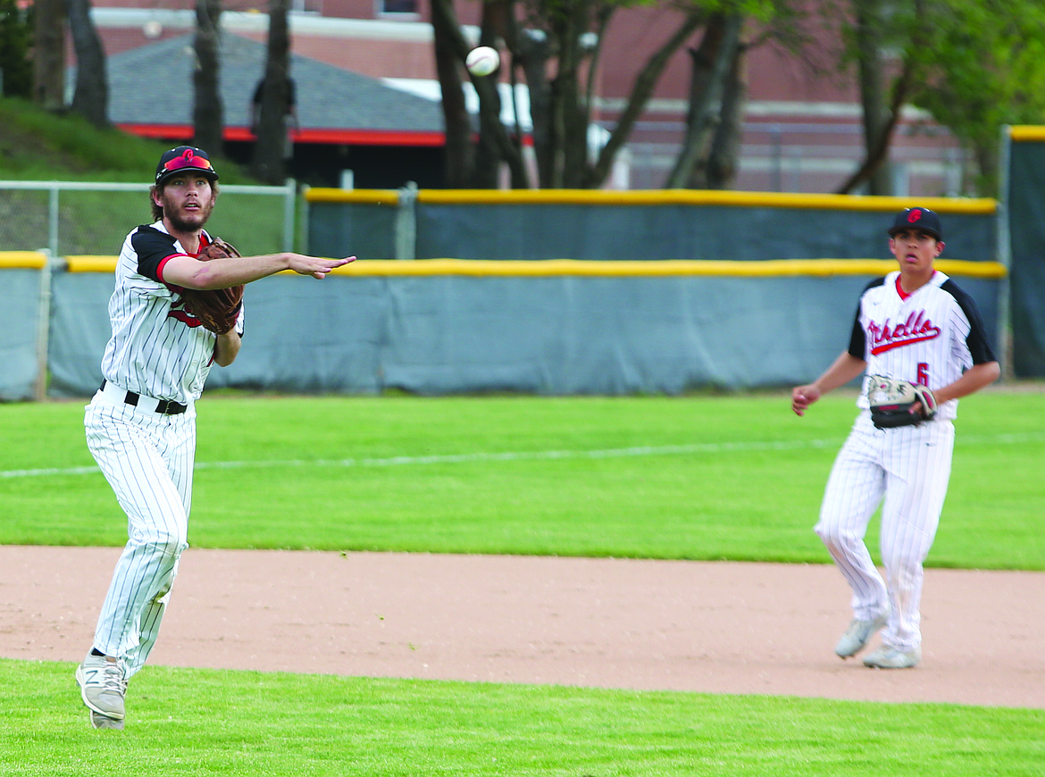 Connor Vanderweyst/Columbia Basin Herald
Othello third baseman James Calzadillas throws to first base for an out.