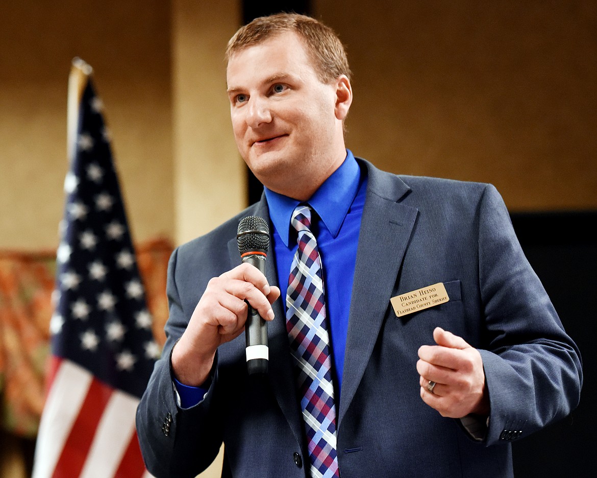 Flathead County Sheriff&#146;s Office Patrol Commander Brian Heino speaking at the&#160;candidates debate on Thursday evening, April 26, at the Red Lion Hotel in Kalispell. Heino has served with the Sheriff&#146;s Office for 15 years in various positions including patrol, Search and Rescue Coordinator and team leader of the SWAT (Special Weapons and Tactics) Team.&#160;The primary vote, which will determine the next sheriff, is scheduled for June 5.
(Brenda Ahearn/Daily Inter Lake)&#160;