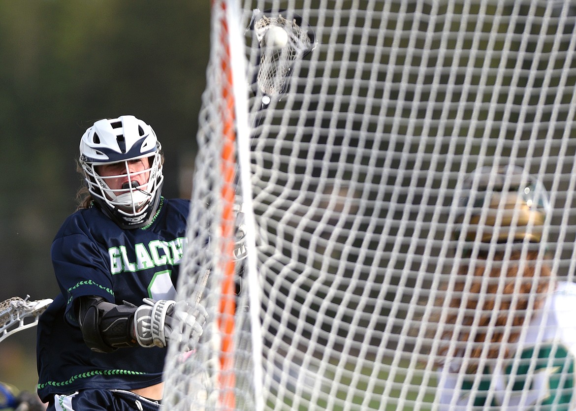 Glacier&#146;s Darin Rashleigh (1) scores a first-half goal past Whitefish keeper Carl Quigg-Roy (12) on Thursday. (Casey Kreider/Daily Inter Lake)