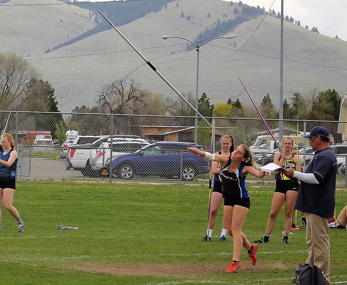 Clark Fork Kathryn Parkin throws a javelin during the Kim Haines Invitational on Sat. May 5 as teams prepare for Districts which will be held on May 11-13 at Big Sky High School. (Kathleen Woodford/Mineral Independent).