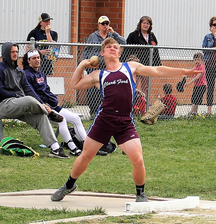 Clark Fork&#146;S Trey Green placed seventh in shot put with a throw of 39-11.50 during the Kim Haines Invitational on May 5 in Missoula. (Kathleen Woodford/Mineral Independent)