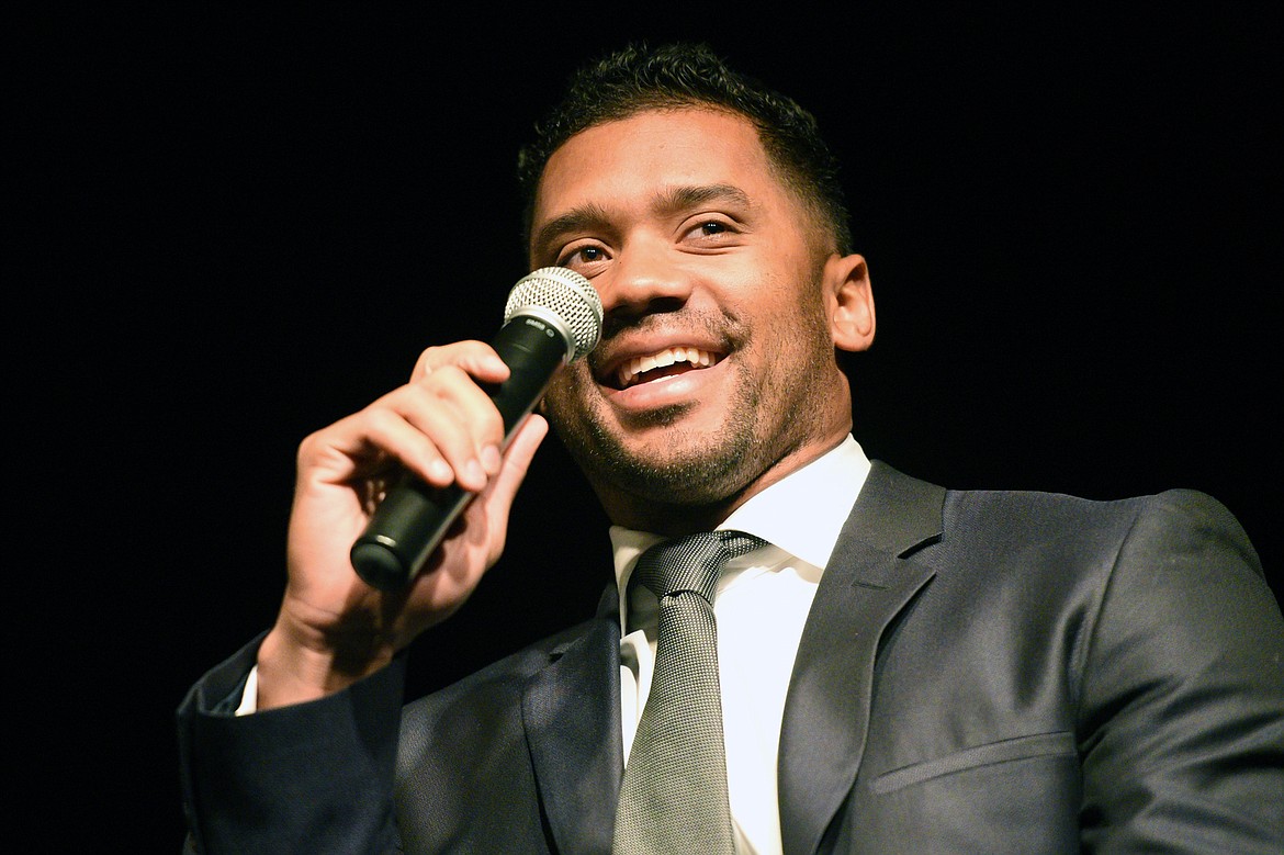 Seattle Seahawks quarterback Russell Wilson speaks at an event held by Stillwater Christian School at the Flathead County Fairgrounds on Wednesday. (Casey Kreider/Daily Inter Lake)