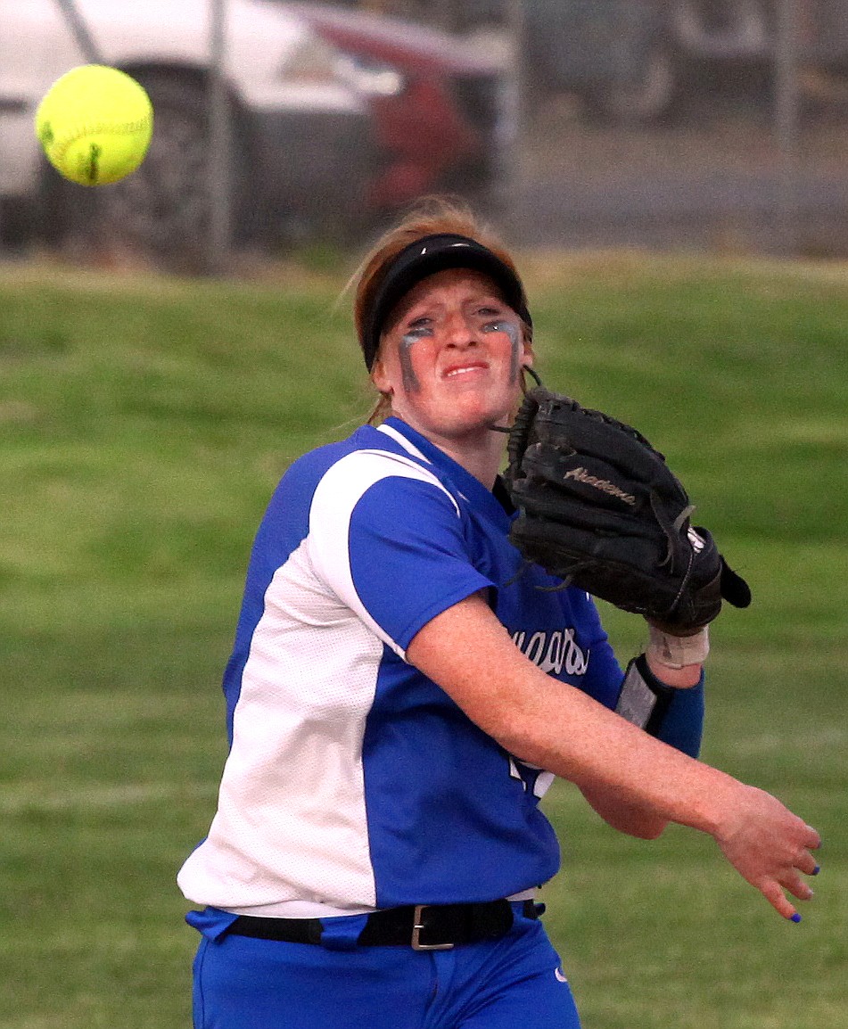 Rodney Harwood/Columbia Basin Herald
Warden shortstop Bailey Whitney makes the throw to first base during the second game of Friday's SCAC East double header with Kiona-Benton.