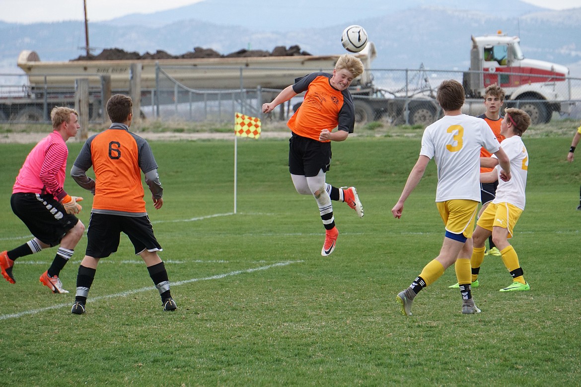 Headder Jake Weyers, Focused defender Isaac Cremer, with Goalkeeper Wyatt Weyers set the play for the Wildhorse Stampede during one of their games over the weekend (photo supplied)