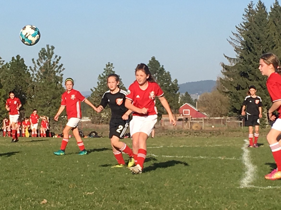 Courtesy photo
Evelyn Bowie of the Sting Timbers 07 Girls soccer team kicks the ball out of the defensive third in a game against the FC Storm Klauss from Cheney. The game ended in a 1-1 tie. The Sting goal came from Natalie Thompson.