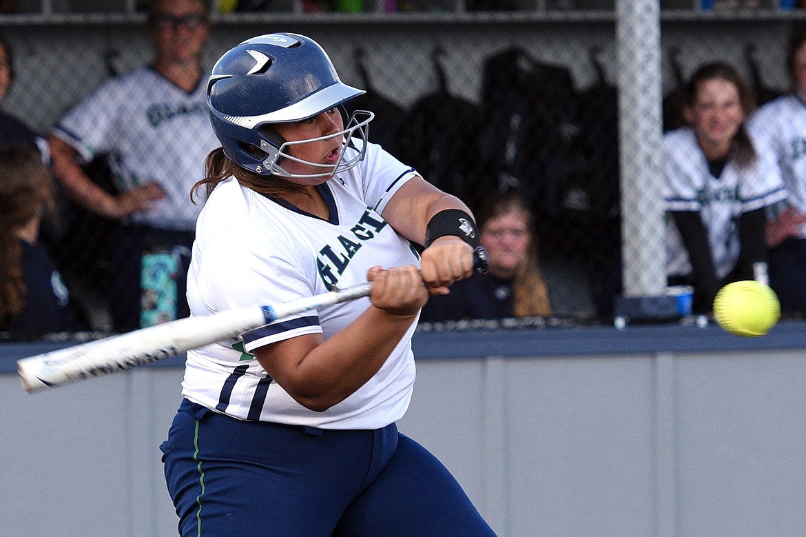 Glacier's Sage Vanterpool connects on a solo home run in the bottom of the second inning against Polson. (Casey Kreider/Daily Inter Lake)