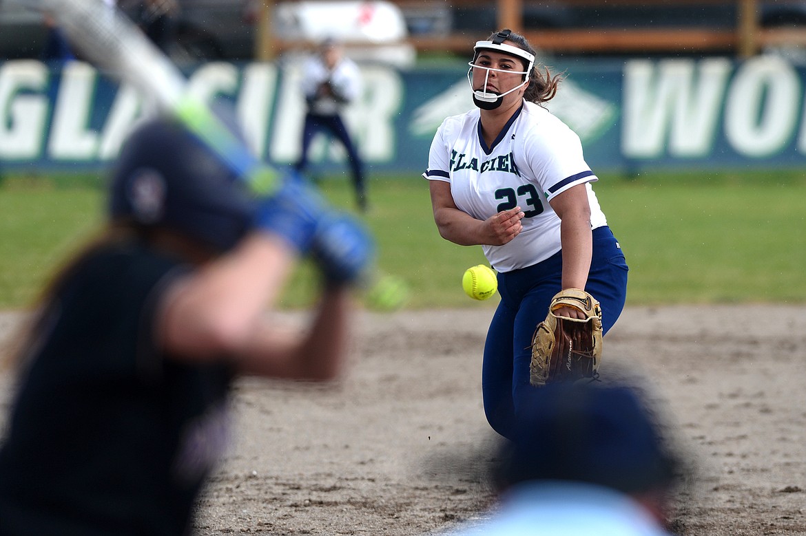 Glacier pitcher Sage Vanterpool fires a first-inning pitch against Polson. (Casey Kreider/Daily Inter Lake)