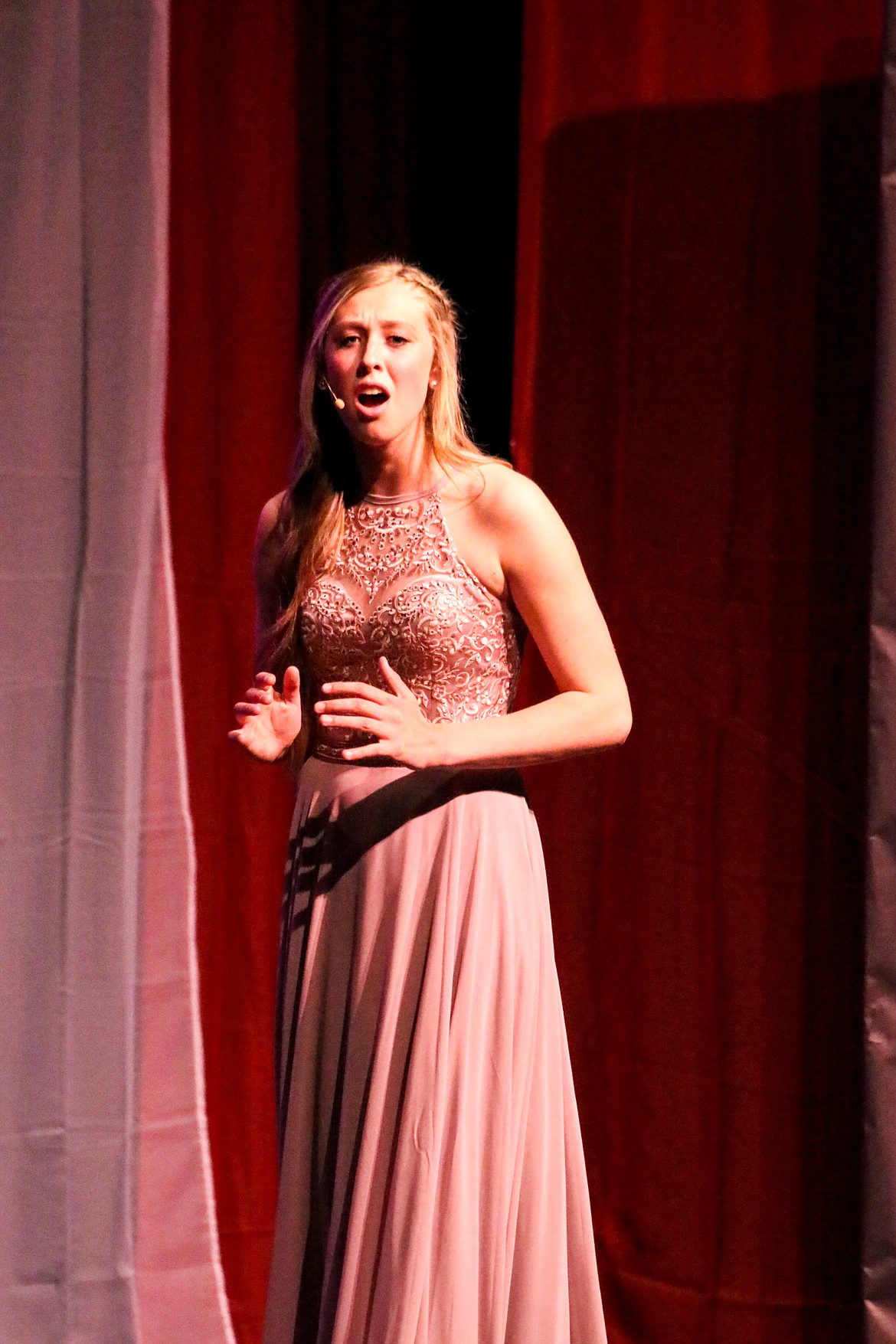 Photo by MANDI BATEMAN
Jersey Pluid, the first runner up Distinguished Young Woman, performing a vocal solo for her talent.