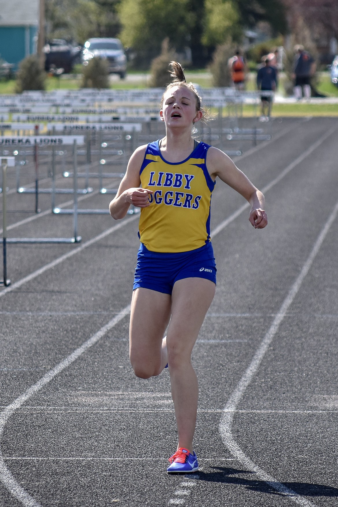 Finishing with a time of 6:10.76, Libby junior Lauren Thorstenson wins the 1,600m run at the Lincoln County Track Meet Tuesday. (Benjamin Kibbey/The Western News)