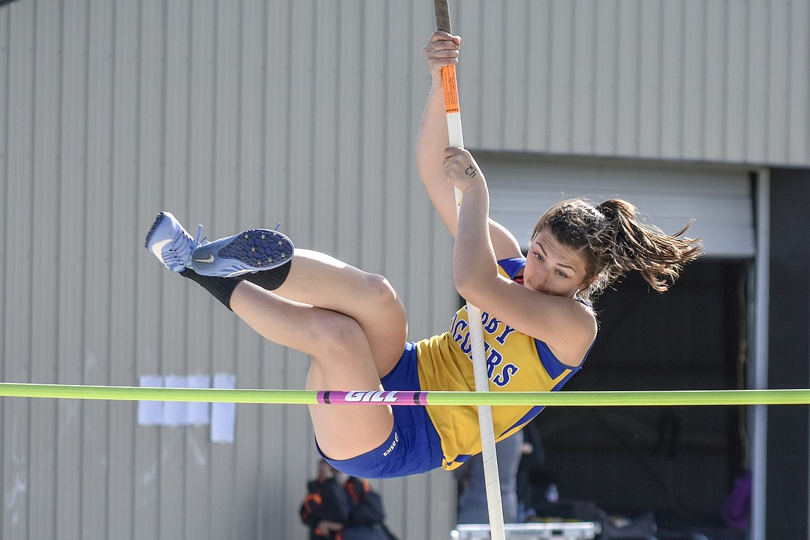 Libby sophomore Jaycee Thornock eyes the bar during the pole vault at the Lincoln County Track Meet Tuesday. (Benjamin Kibbey/The Western News)