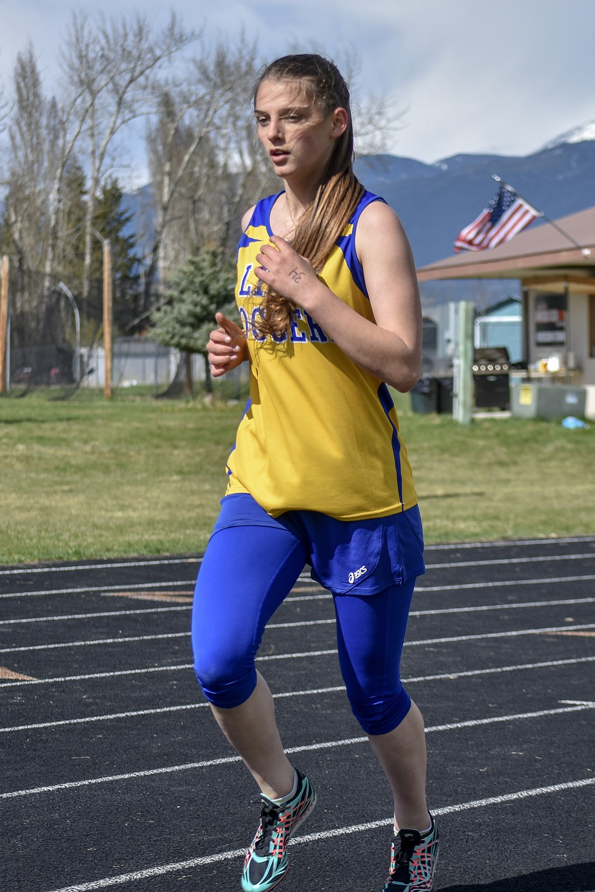 Libby freshman Halona LaFleur competes in the 1,600m run at the Lincoln County Track Meet Tuesday. (Benjamin Kibbey/The Western News)