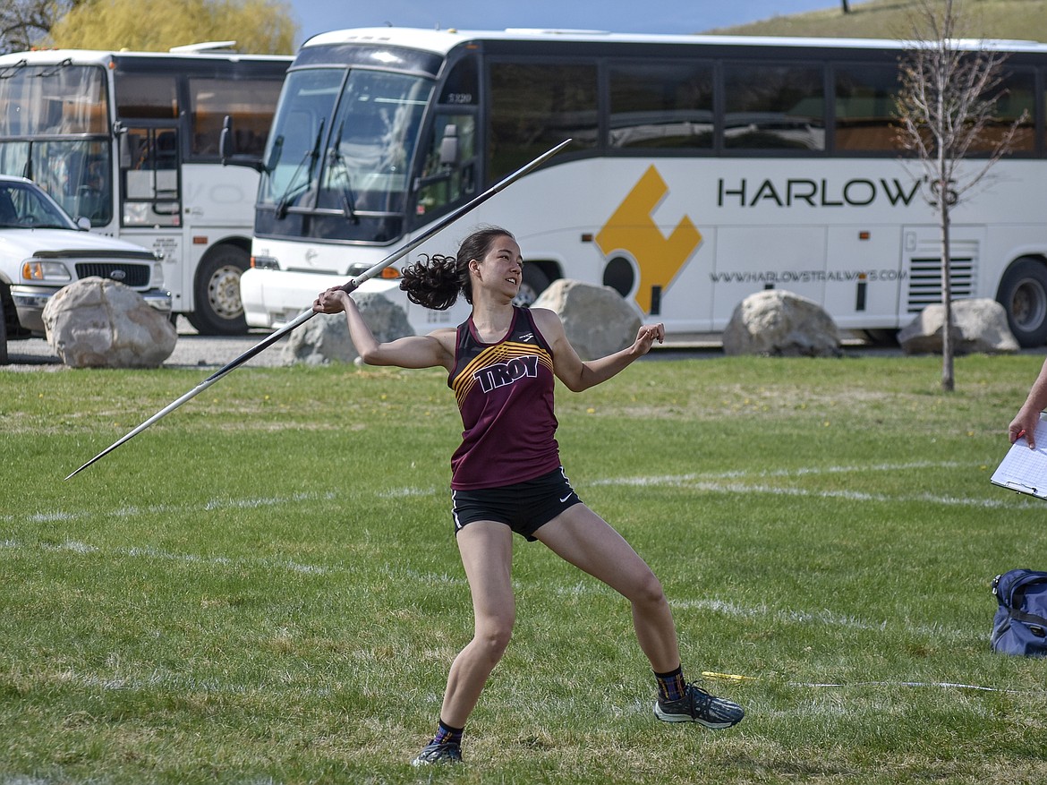 Libby senior Brooklyn Rainer competes in the javelin throw during the Lincoln County Track Meet Tuesday. Rainer threw a personal record 101 feet 10 inches. (Benjamin Kibbey/The Western News)