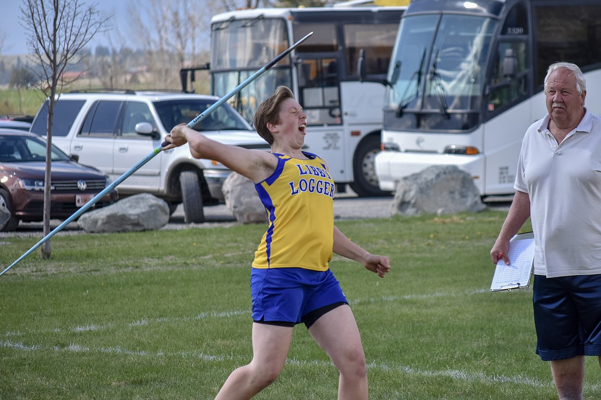 Libby senior Shannon Reny competes in the javelin throw during the Lincoln County Track Meet Tuesday. (Benjamin Kibbey/The Western News)