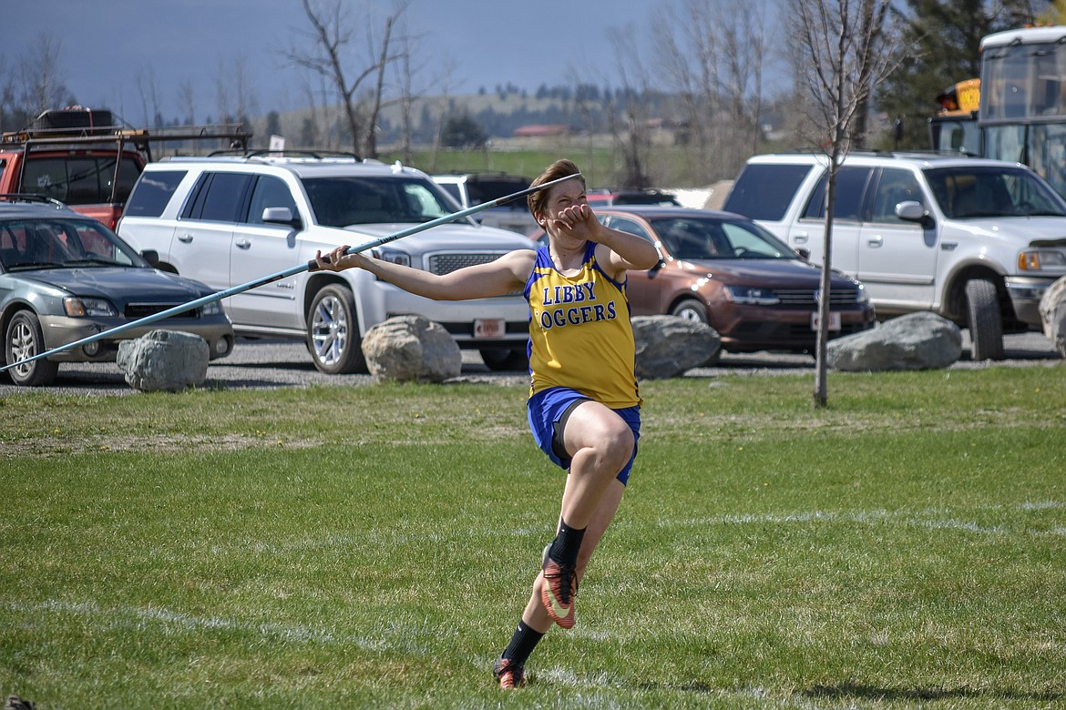 Libby senior Shannon Reny competes in the javelin throw during the Lincoln County Track Meet Tuesday. (Benjamin Kibbey/The Western News)