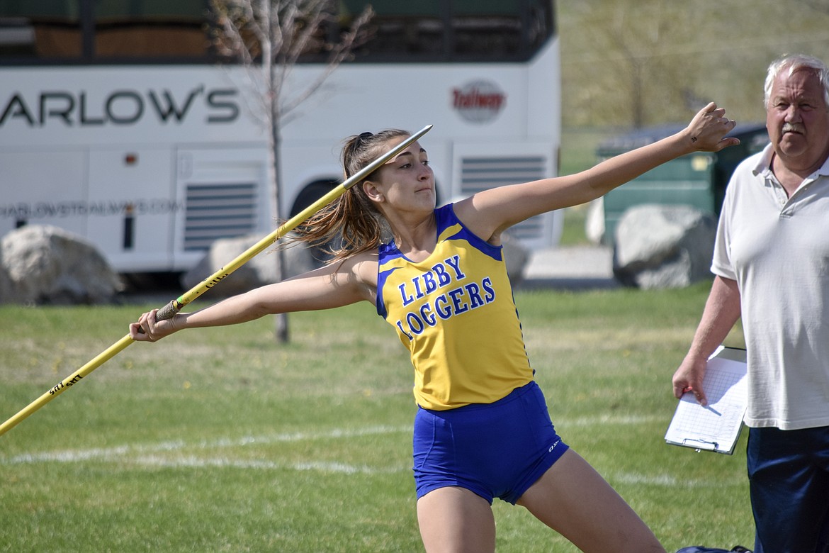 Libby senior Brooklyn Rainer competes in the javelin throw during the Lincoln County Track Meet Tuesday. Rainer threw a personal record 101 feet 10 inches. (Benjamin Kibbey/The Western News)