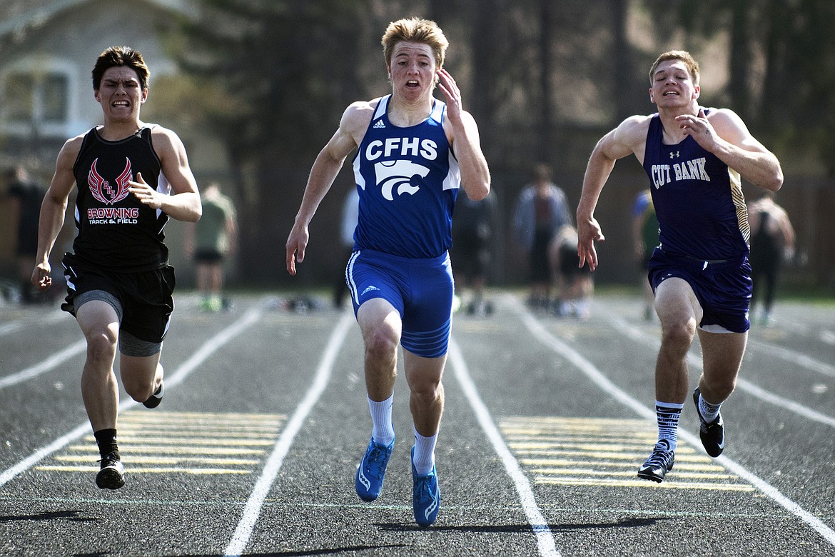 Drew Morgan runs his heat of the 100-meter dash at the Whitefish ARM Invitational Saturday. Morgan finished sixth in the event with a time of 11.58 seconds (Jeremy Weber photo)