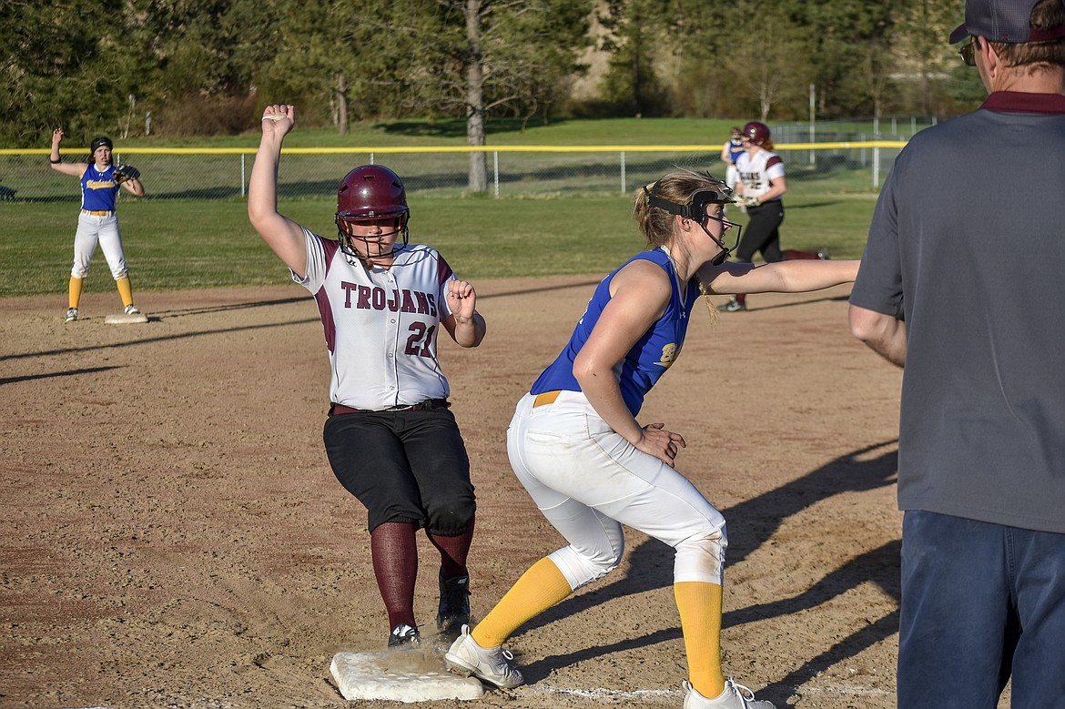 Troy junior Cami Finley is safe at third on a steal during the fourth inning of Troy&#146;s 16-13 win over Thompson Falls on Thursday.