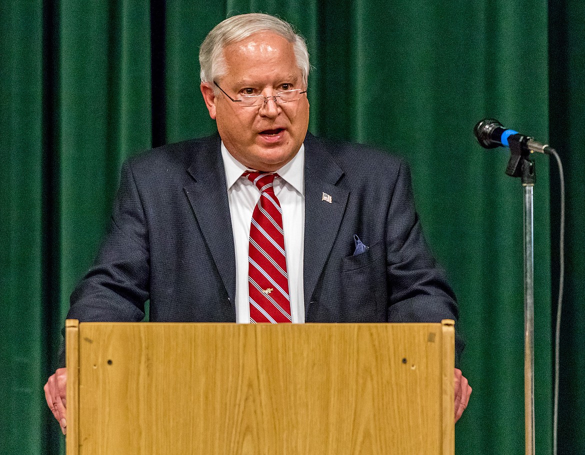 Terry Fennessey speaks after being inducted into Libby High School&#146;s Distinguished Graduate Hall of Fame Monday, April 23. (John Blodgett/The Western News)