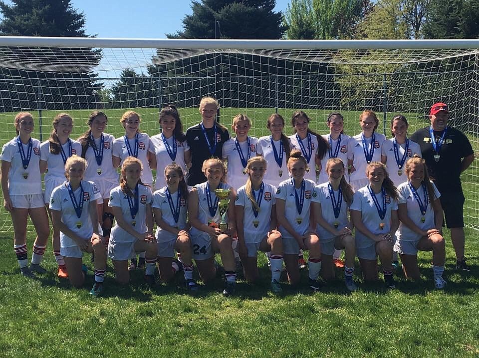 Courtesy photo
The Sting Timbers FC 02 Girls soccer team won the U16 championship at the Bill Eisenwinter Hot Shot Tournament in Coeur d&#146;Alene this past weekend. In their first game on Friday evening, Sting beat Missoula Strikers White 2002G-SE 5-0. Sting goals were scored by Abbie Lyman (assisted by Cailyn Garza), Sydney Harbison (assisted by Cailyn Garza), Geneva Bengtson (assisted by Kayli Lynn), Madyson Smith (assisted by Abbie Lyman), and Morgan Rust (assisted by Abbie Lyman). 
In their second game on Saturday morning, Sting beat FC Nova ECNL Reserves 02 3-0. Sting goals were scored by Julie Stith (assisted by Madyson Smith), Julie Stith on a penalty kick, and Madyson Smith (assisted by Cailyn Garza).
In their 3rd game on Saturday evening, Sting beat Valley Elite FC Gray 2002G-SE 4-0. Sting goals were scored by Madyson Smith (off a corner kick by Abbie Lyman), Abbie Lyman on a corner kick, McKenzie Mattis, and Maysen Deming.
In their final game of the tournament on Sunday morning, Sting beat Queen City FC Red 2002-SE  7-0. Geneva Bengtson scored 3 goals, all 3 assisted by Madyson Smith. Madyson Smith scored 1 goal (assisted by Geneva Bengtson), Cailyn Garza scored 2 goals (assisted by Madyson Smith and Geneva Bengtson), and Julie Stith scored 1 goal (assisted by Kayli Lynn). Sting goalkeeper Autumn Lambert did not allow a single goal all weekend.
In the front row from left are Camellia Merrill, Zoe Cox, Madyson Smith, Julie Stith, Madison Fain, Liz Scarlett, Tierra Lambert, Tate Hochberger and Morgan Rust; and back row from left, Kayli Lynn, Riley Anderson, Geneva Bengtson, Maysen Deming, Kaylee Moate, Autumn Lambert, Cailyn Garza, McKenzie Mattis, Abbie Lyman, Sydney Harbison, Tressa Mullen, Jade Reed and assistant coach Ian McKenna.
