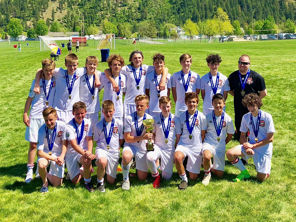 Courtesy photo
The Sting Timbers FC Red boys 04 soccer team took first place in the Bill Eisenwinter Hot Shot Tournament last weekend with a 5-0 record. They bested Boise Nationals Timbers 05 2-1, Helena Arsenal FC 6-1, Queen City FC 6-0, Nelson Select 7-0 and Boise Nationals Timbers 04 1-0. Sting goals were scored by Bryce Allred-4, Kohrt Weber-3, Alex Reyes-3, Tyler Gasper-3, Jameson Elliot-2, Joseph Sarkis-1, Andon Brandt-1, Cole Daricek-1, Evan Lowder-1 and Devyn Ivankovich-1. Assists made by Alex Reyes-2, Noah Janzen-2, Tyler Gasper-1, Evan Lowder-1, Sean Dremann-1, and Nicholas Mason-1. Devyn Ivankovich, Noah Janzen, Jameson Elliot, Andon Brandt and Kohrt Weber teamed in goal for the wins. In the front row from left are Nicholas Mason, Sean Dremann, Andon Brandt, Bryce Allred, Tyler Gasper, Joseph Sarkis, Patrick Du and Cole Daricek; and back row from left, Noah Janzen, Jameson Elliot, Zak Wenglikowski, Kohrt Weber, Jack Shrontz, Malachi Hutchens-Cohen, Evan Lowder, Alex Reyes and coach Kasey Laffoon. Not pictured is Devyn Ivankovich.