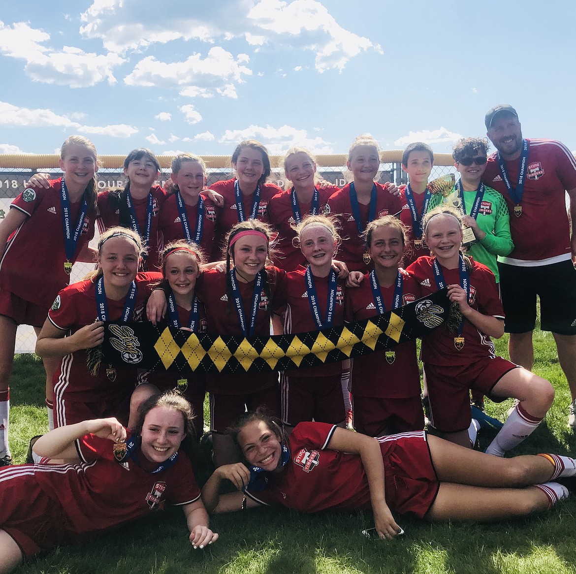 Courtesy photo
The Sting Timbers 05 Girls Red soccer team went undefeated and won the championship of their bracket in the Bill Eisenwinter Hot Shot Tournament last weekend. The Sting won its first game  8-0 against Missoula. Abella Voigt had a hat trick. Other goals were scored by Taleya Jones, Ella Morton, Gabrielle Henkle, Ember Morgan, and Jocelyn Dennis. Assists came from Elise Frazier, Mackenzie Goings, and Brynn Johnson. Game two the Sting beat Blitzz Gold 3-0. Abella Voigt scored once and Avery Waddington scored twice. Assists came from Mackenzie Goings and Mira Crawford. Game three STFC beat the Sandpoint Strikers 4-1. Goals were scored by Abella Voigt, Mackenzie Goings, Mira Crawford, and Ella Morton. Taleya Jones had 2 assists. The championship game was played against Hells Canyon and went into overtime with the STFC winning 3-2. Ella Morton and Avery Waddington scored during the game, with assists from Jocelyn Dennis and Ella Morton. Elise Frazier scored the winning goal in overtime. Keeper Mekare East-Peters had two shutouts and only had 3 goals scored on her the whole weekend. In the front row from left are Abella Voigt and Taleya Jones; second row from left, Jocelyn Dennis, Berkley Owens, Elise Frazier, Quinn Kennedy, Gabrielle Henkle and Aubree McElvany; and back row from left, Avery Waddington, Mira Crawford, Brynn Johnson, Rylee White, Mackenzie Goings, Ella Morton, Ember Morgan, Mekare East-Peters and coach Nick Funkhouser.