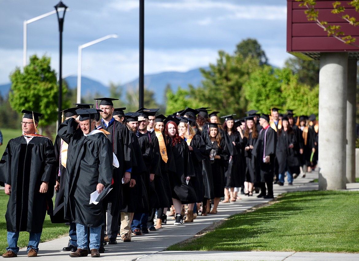 More than 300 students line up for the processional at the start of the Flathead Valley Community College spring commencement ceremony.