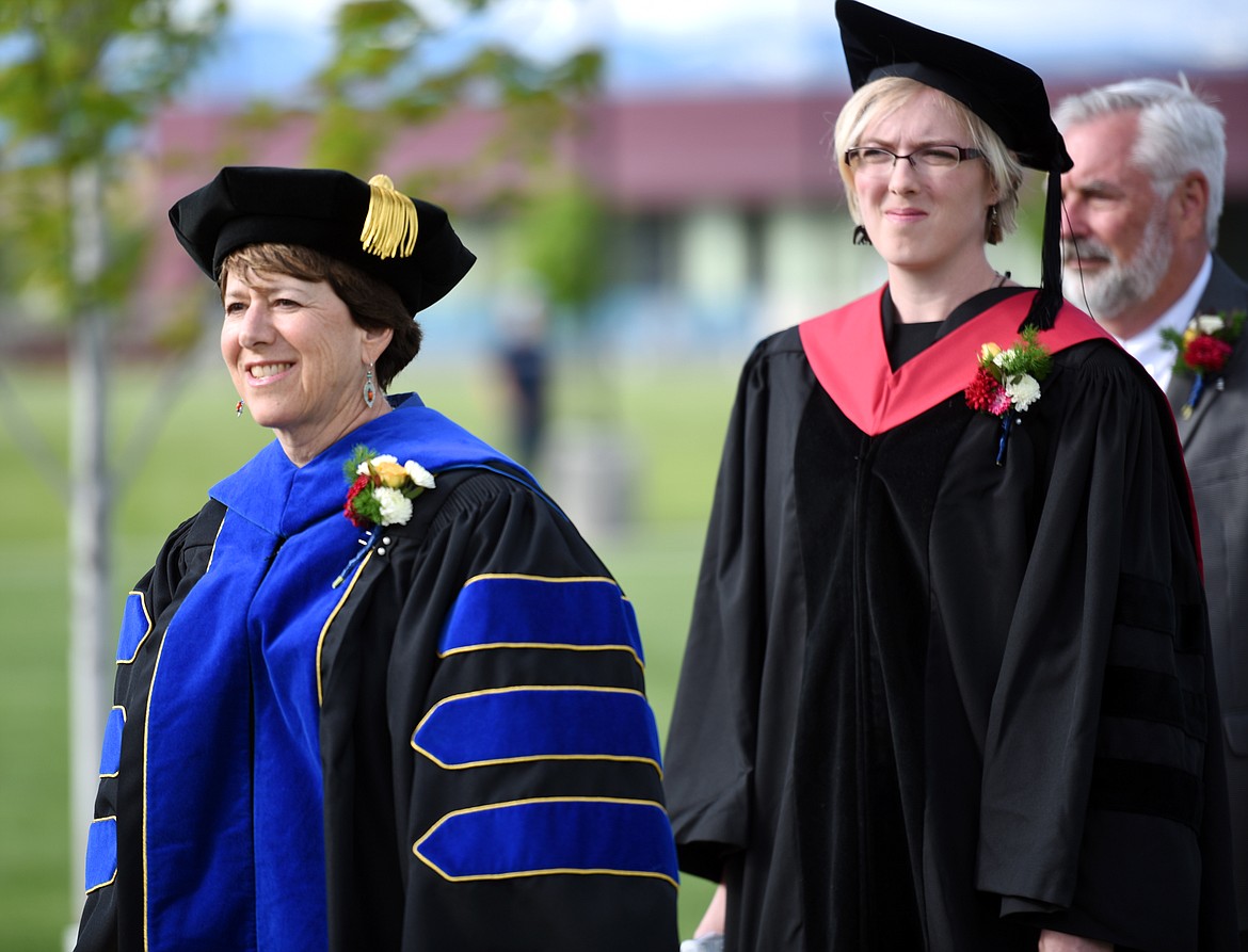 President of Flathead Valley Community College Dr. Jane Karas in the processional at the start of the Flathead Valley Community College 50th Commencement Ceremony is about to begin on Friday evening, May 18.(Brenda Ahearn/Daily Inter Lake)