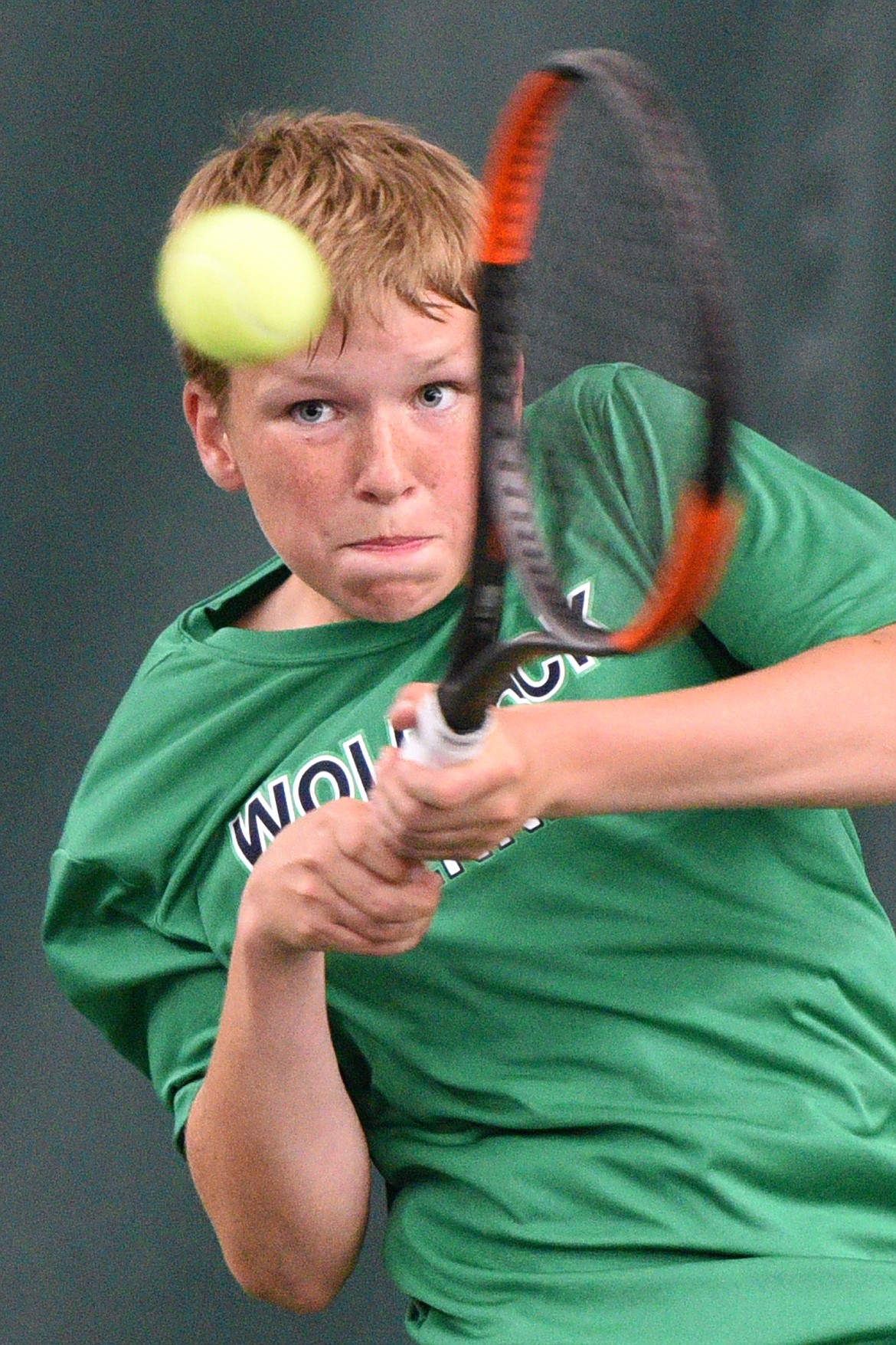 Glacier&#146;s Rory Smith hits a return against Billings Senior&#146;s Andy Bough in the first round of the 2018 AA State Tennis Tournament in Kalispell on Thursday. (Casey Kreider/Daily Inter Lake)