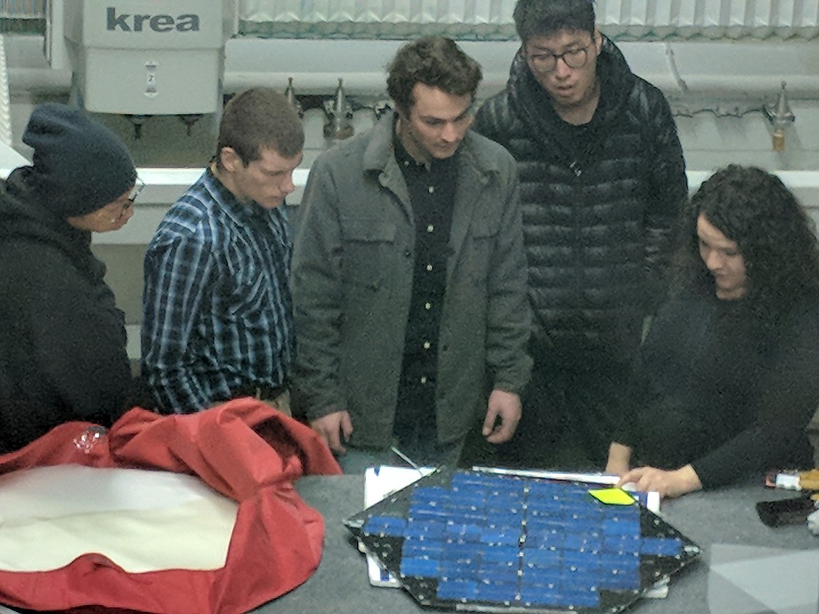 (Photo courtesy SOLAR ROADWAYS)
University of Idaho students visit Solar Roadways. The university purchased two of the panels for students to use in capstone projects, similar to a thesis paper.