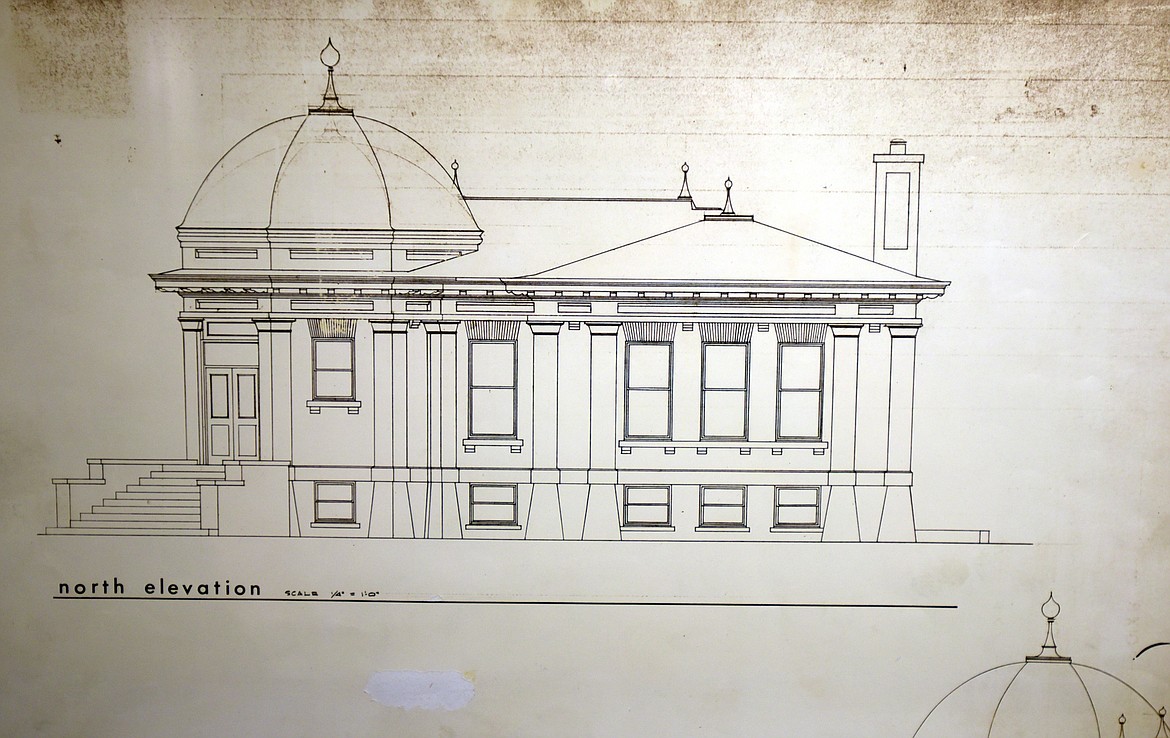 The Gibson and Shanley, architects rendering of the Kalispell Carnegie Library from 1901, on display as part of a pop up show at the museum in preparation for the 50th anniversary celebration.(Brenda Ahearn/Daily Inter Lake)