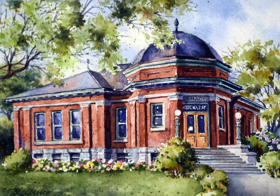 A painting of the exterior of the Hockaday Museum of Art by artist Karen Leigh from 1990, on display as part of a pop up show at the museum in preparation for the 50th anniversary celebration.(Brenda Ahearn/Daily Inter Lake)