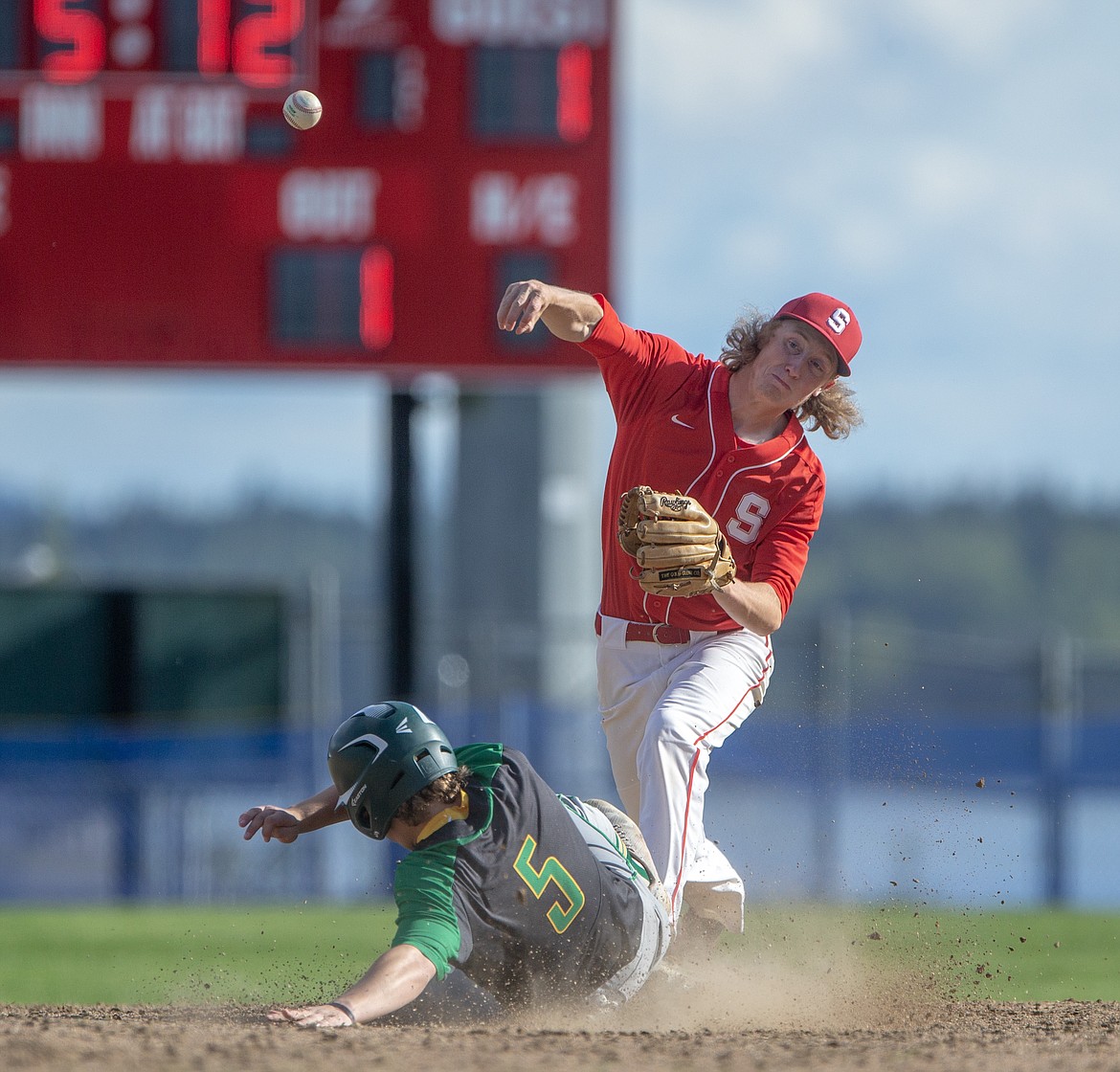 (Photo by JASON DUCHOW PHOTOGRAPHY)
Senior second baseman Tyler Shaffer turns a key double play that ended a Lakeland rally.