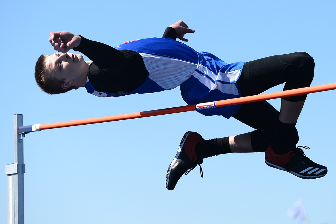 Bigfork's Wyatt Duke clears 5'8&quot; in the high jump at the Bigfork Invitational track and field meet on Saturday. (Casey Kreider/Daily Inter Lake)