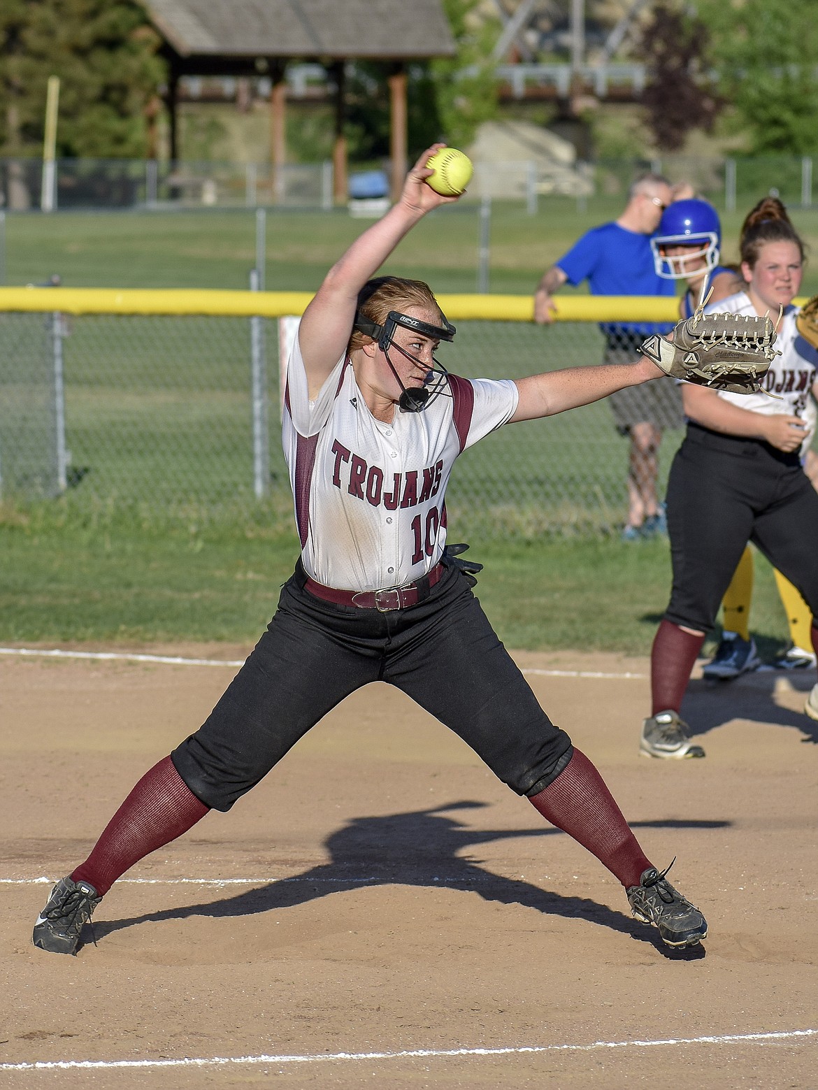 Troy sophomore pitcher Mazzy Hermes winds up a mighty pitch to end the game in the top of the seventh inning with a strikeout, during the Lady Trojans&#146; 16-14 play-in win against the Lady Hawks Tuesday, May 15.