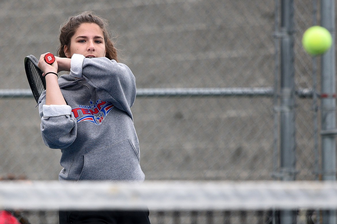 Bigfork&#146;s Lara Guenzler hits a return in a match against Bigfork teammate Ellie Berreth at Montana Athletic Club-Bigfork on Friday. (Casey Kreider/Daily Inter Lake).