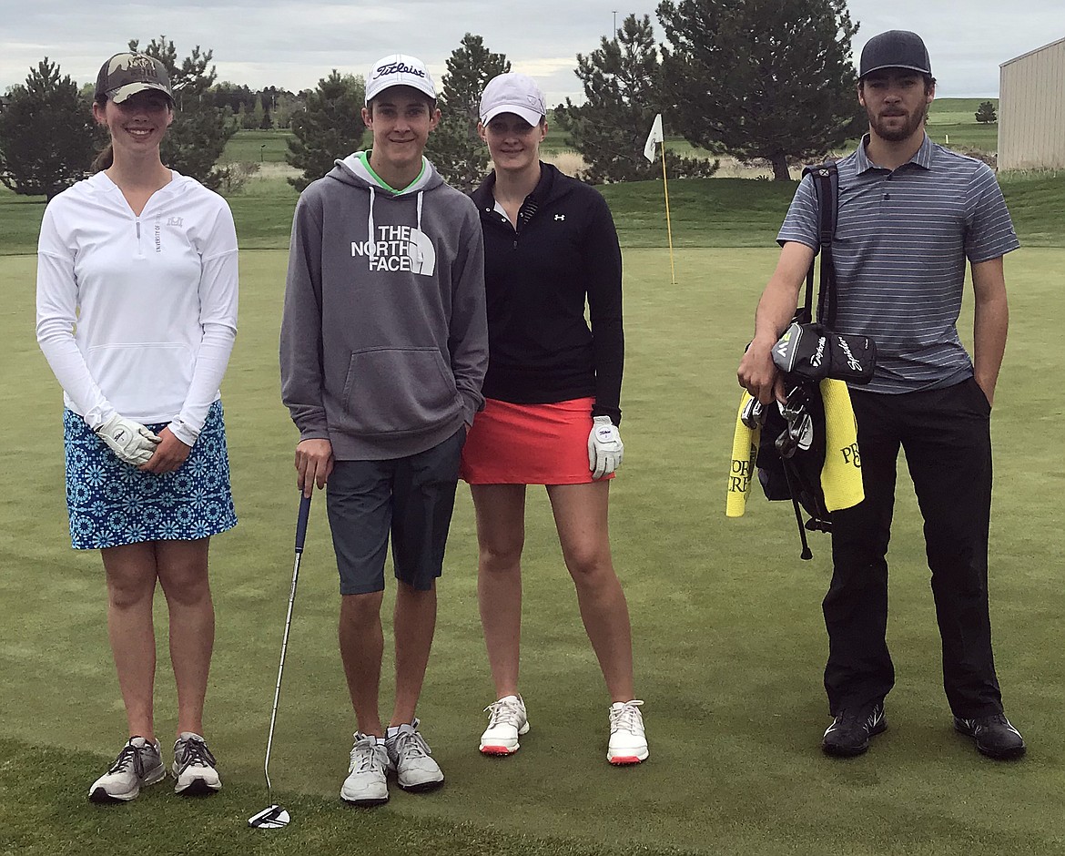 THOMPSON FALLS golfers (from left): Megan Baxter, Ethan Brown, Else Brown and Dylan Beckman pose for a shot during their practice round for the MHSA Class B state golf tournament Monday morning at EagleRock Golf Course in Shephard. (photo courtesy of Michael Bates)