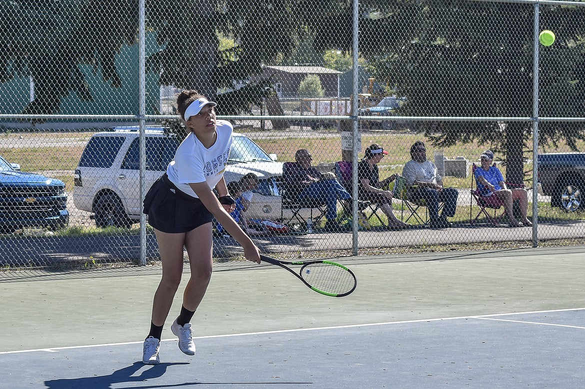 Libby&#146;s Mehki Sykes returns a serve during her 6-0, 6-0 win over Ronan&#146;s Skyler Shima Saturday. (Benjamin Kibbey/The Western News)