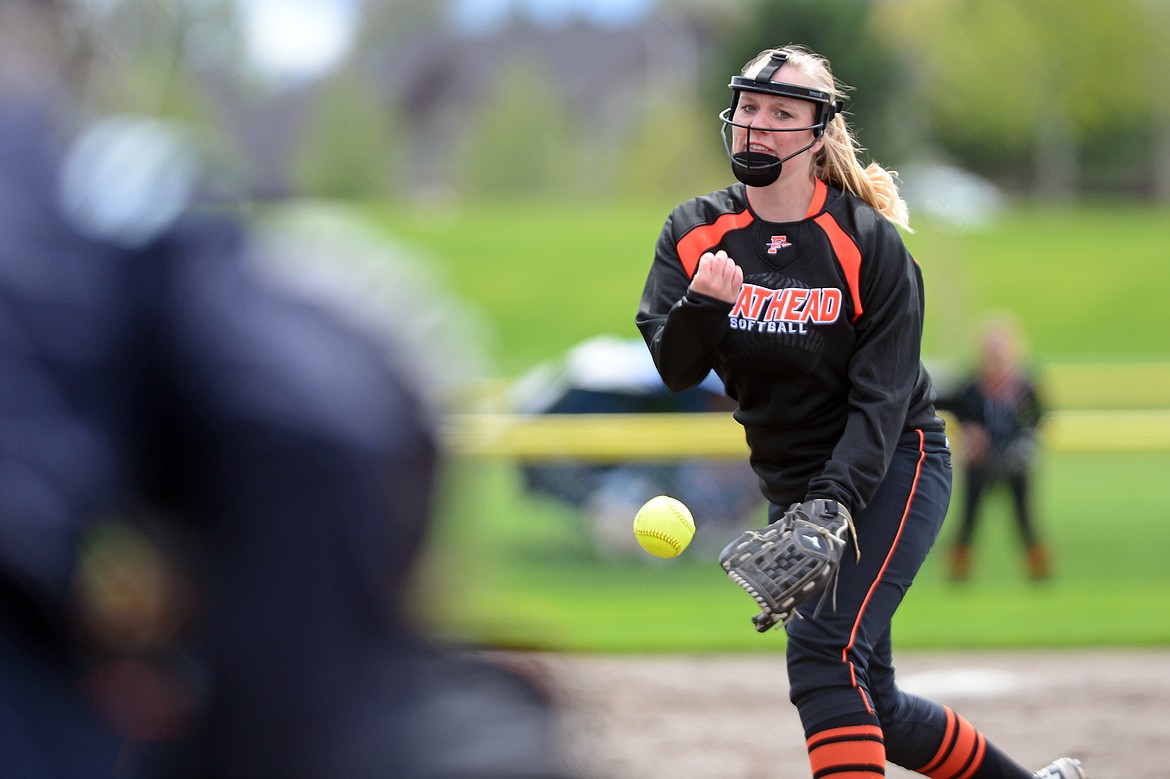 Flathead pitcher Maitlynn Betts delivers a pitch in the first inning against Glacier at Kidsports Complex on Thursday. (Casey Kreider/Daily Inter Lake)