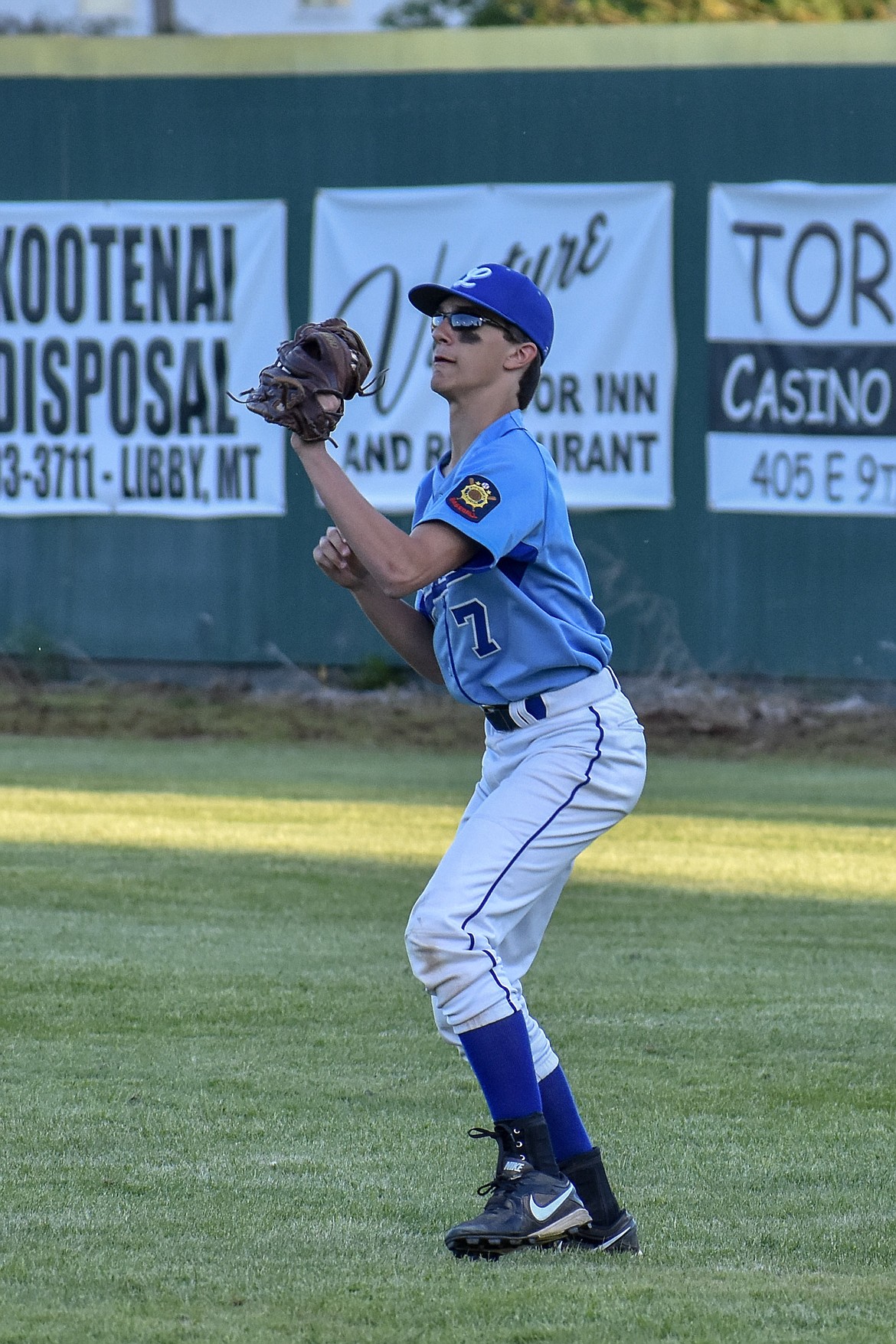 In the first play of the game, Logger right fielder Moxley Roesler-Begalke catches a fly ball for the first out during Libby&#146;s 11-0 loss to Calgary Saturday. (Benjamin Kibbey/The Western News)