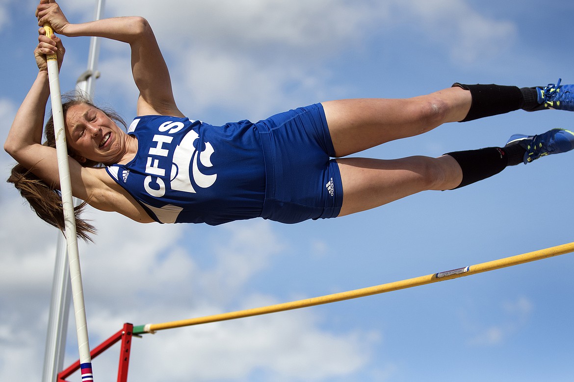 Josie Windauer will be headed to state in the pole vault after clearing the qualifying height of 9 feet, 6 inches at the Mike Nicosia Meet in Columbia Falls Thursday. (Jeremy Weber photo)