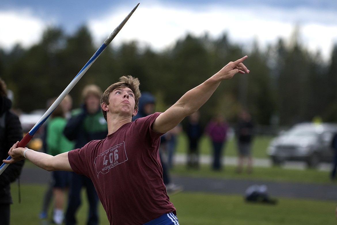 Ben Windauer takes aim with the javelin Thursday. He finished fourth in the event with a toss of 159 feet, 8 inches. (Jeremy Weber photo)