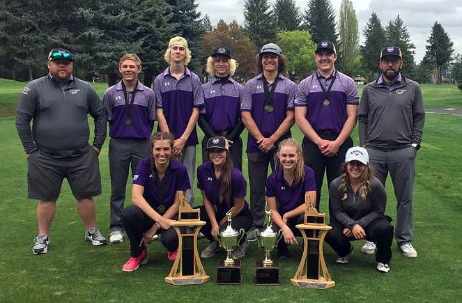 Courtesy photo
The Kellogg golf team poses with their newest trophies after winning the 3A IML district match. The teams will now move onto state competition next week in Rathdrum.