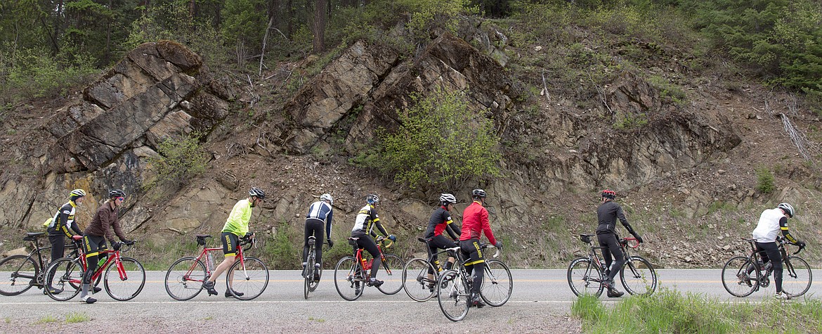 A group of riders participating in the Scenic Tour of the Kootenai River gets set to hit the road after stopping for pie along Pipe Creek Road about 13 miles north of Libby Saturday, May 13, 2017. (John Blodgett/The Western News file photo)
