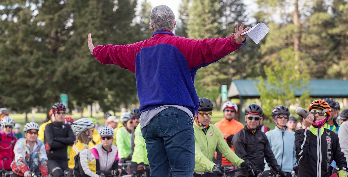 Susie Rice, co-founder and organizer of the Scenic Tour of the Kootenai River, describes the bike tour&#146;s two routes to the first wave of riders about 7:45 a.m. Saturday, May 13, 2017. (John Blodgett/The Western News file photo)