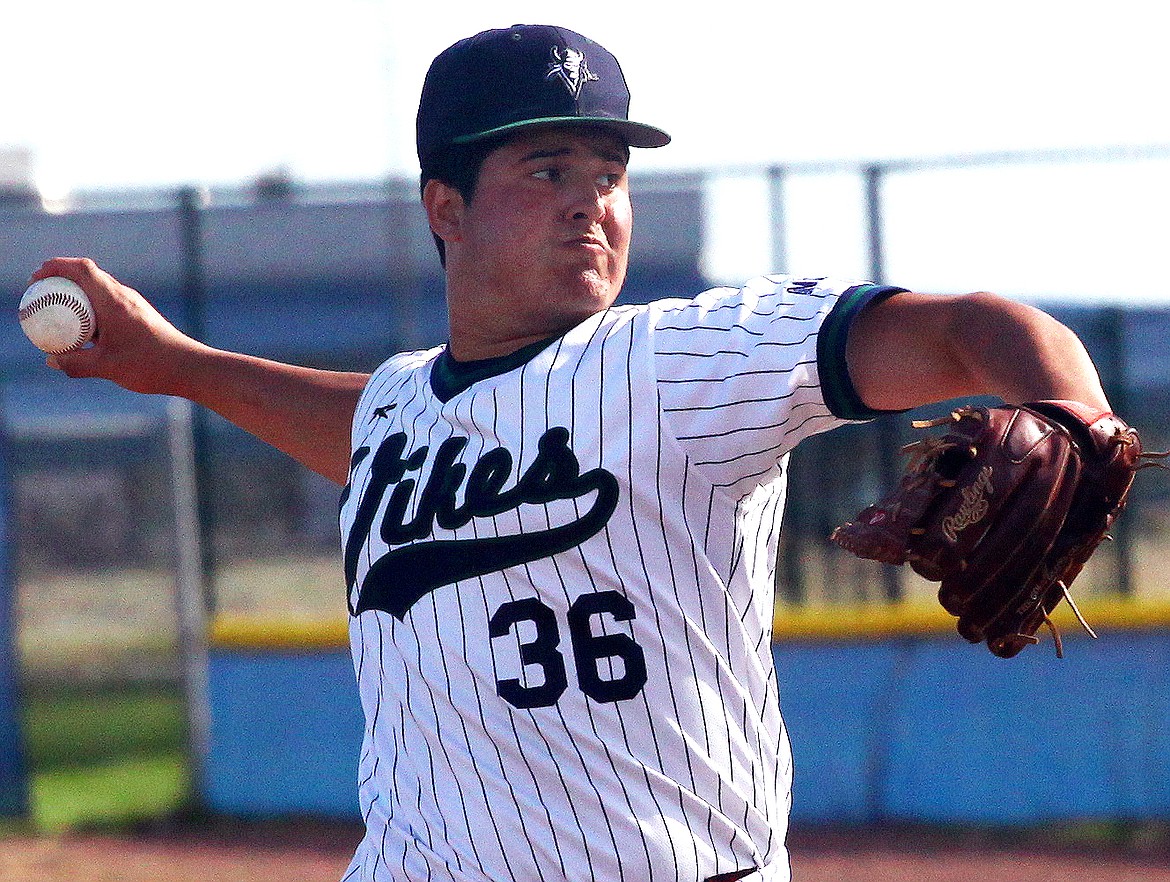 Rodney Harwood/Columbia Basin HeraldBig Bend freshman Jordan Moreno set the new school record with 15 strikeouts en route to the win in the second game of Wednesday's double header with Wenatchee Valley.