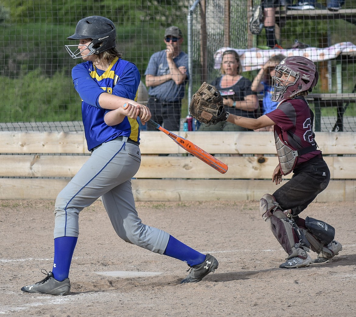 Libby freshman Taylor Holm hits a hard ground ball to center field for a double with sophomore Kaylee Tunison ready for the catch during the second inning of the second game of the Libby-Troy double header Tuesday, May 8. (Ben Kibbey/The Western News)