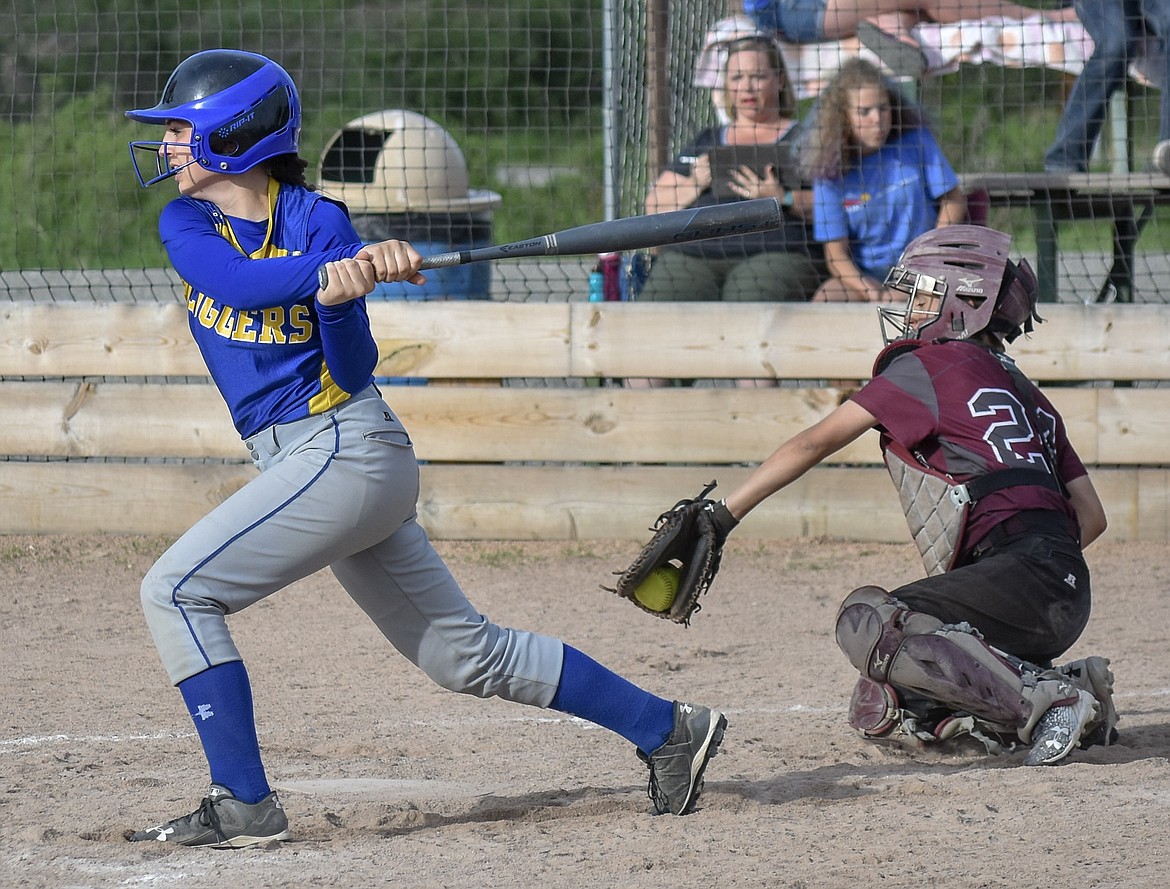 Troy junior Kaylee Tunison catches the final strike of the game with freshman Kayley Svendsbye swinging during the second game of the Libby-Troy double header Tuesday. (Ben Kibbey/The Western News)