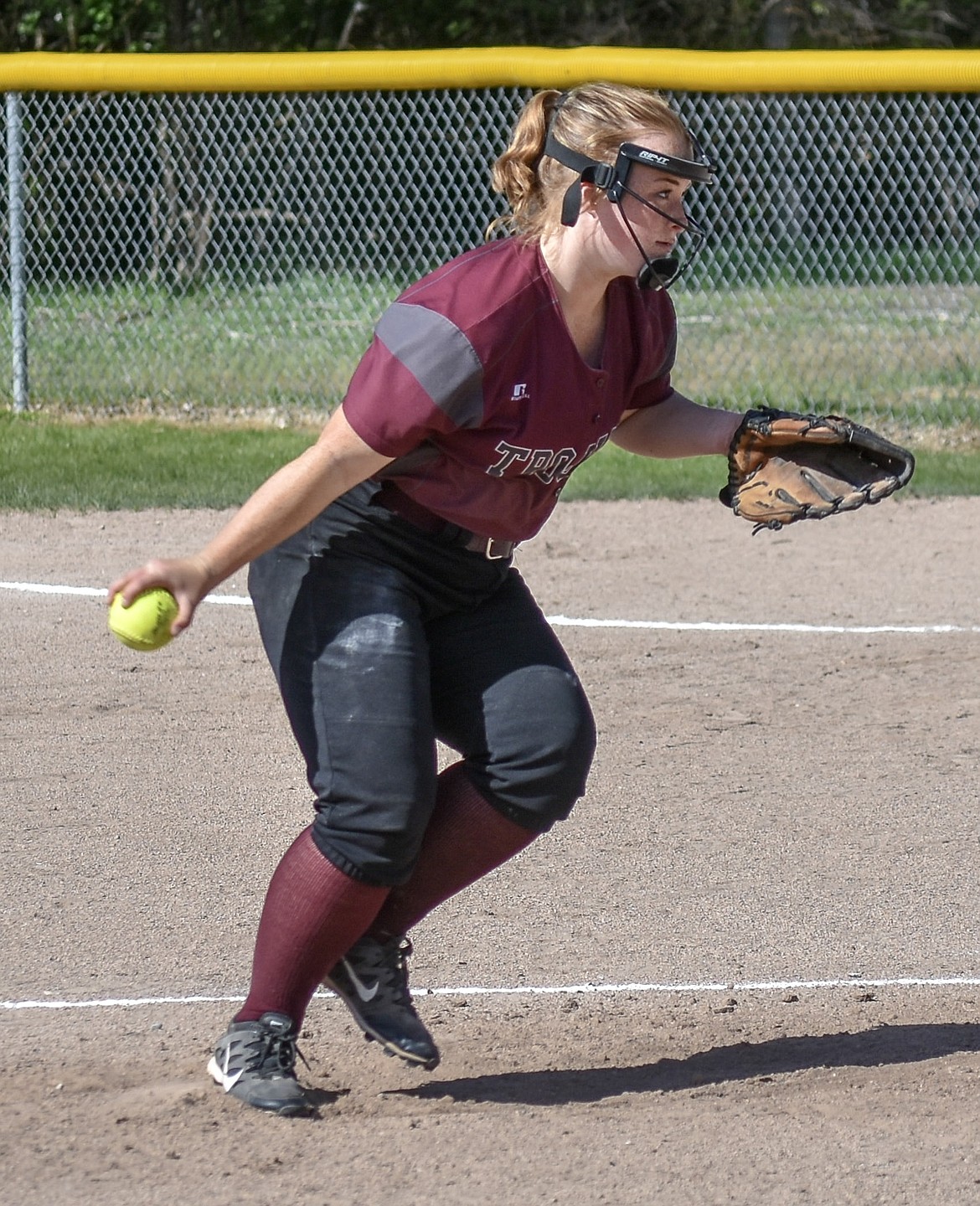 Troy sophomore Mazzy Hermes pitches during the first game of the Libby-Troy double header Tuesday, May 8 (Ben Kibbey/The Western News)