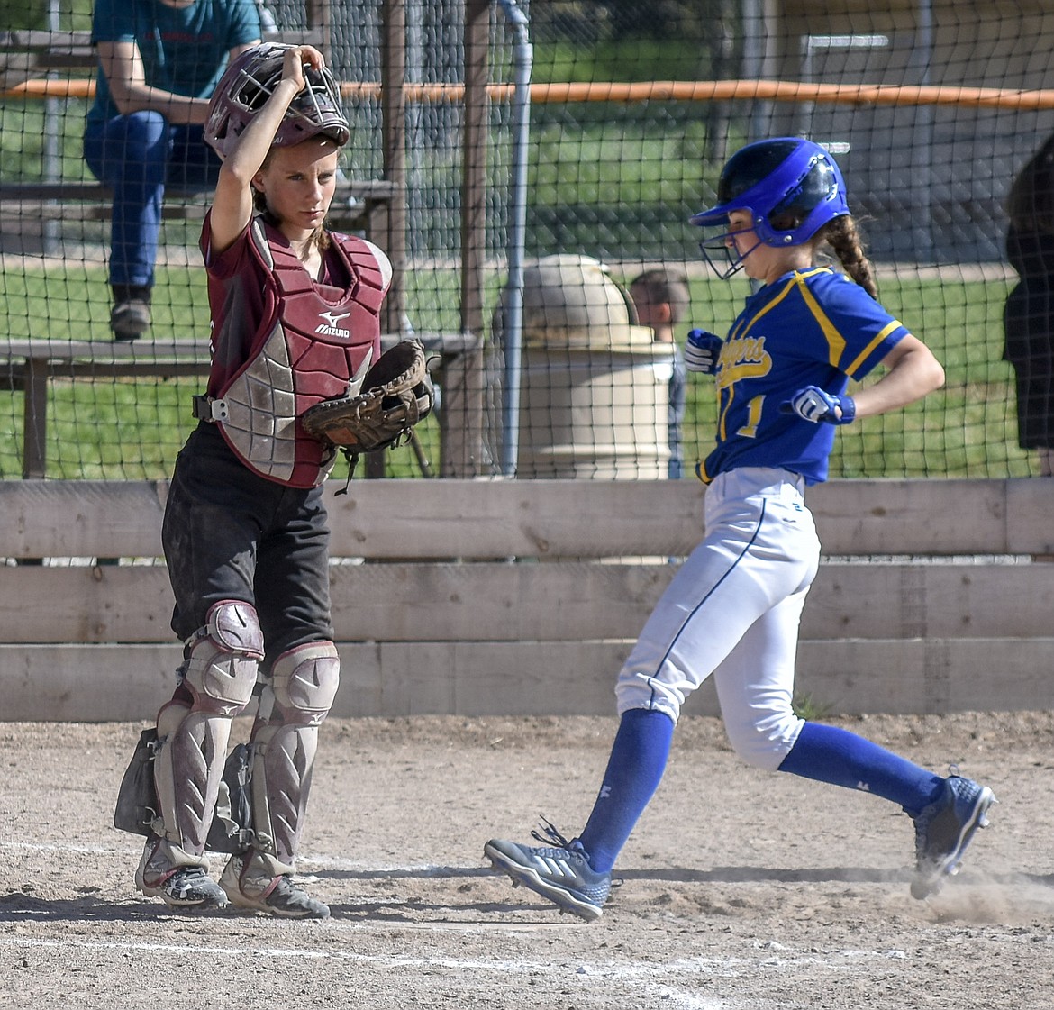 Troy junior Kaylee Tunison watches the action on the field after an error by sophomore third baseman Montana Rice on a grounder from Libby junior Linsey Walker allowed sophomore Ashlyn Monigold to score, making the score 6-3, Libby, during the Libby-Troy double header Tuesday, May 8 (Ben Kibbey/The Western News)