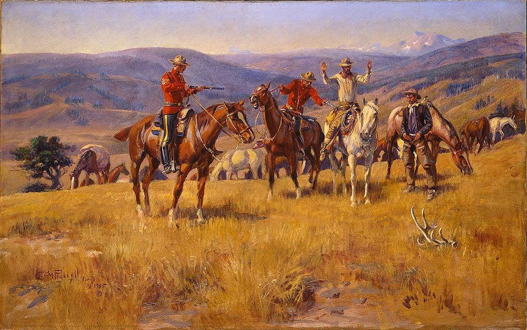 CHARLES M. RUSSELL PAINTING
Canada&#146;s Mounted Police capturing horse rustlers painting titled &#147;When Law Dulls the Edge of Chance.&#148;